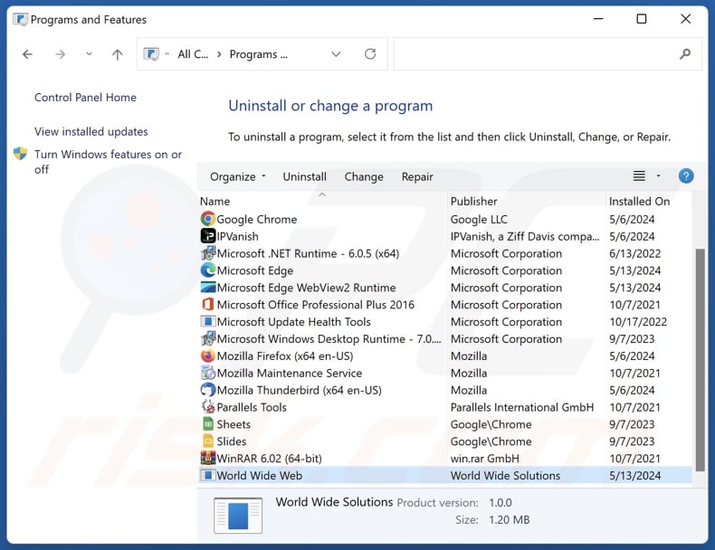 World Wide Web uninstall via Control Panel