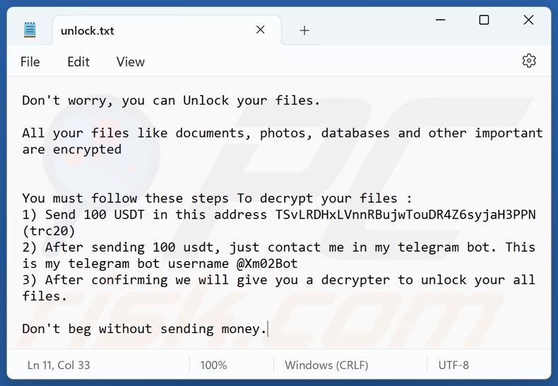 Xam ransomware ransom note (unlock.txt)