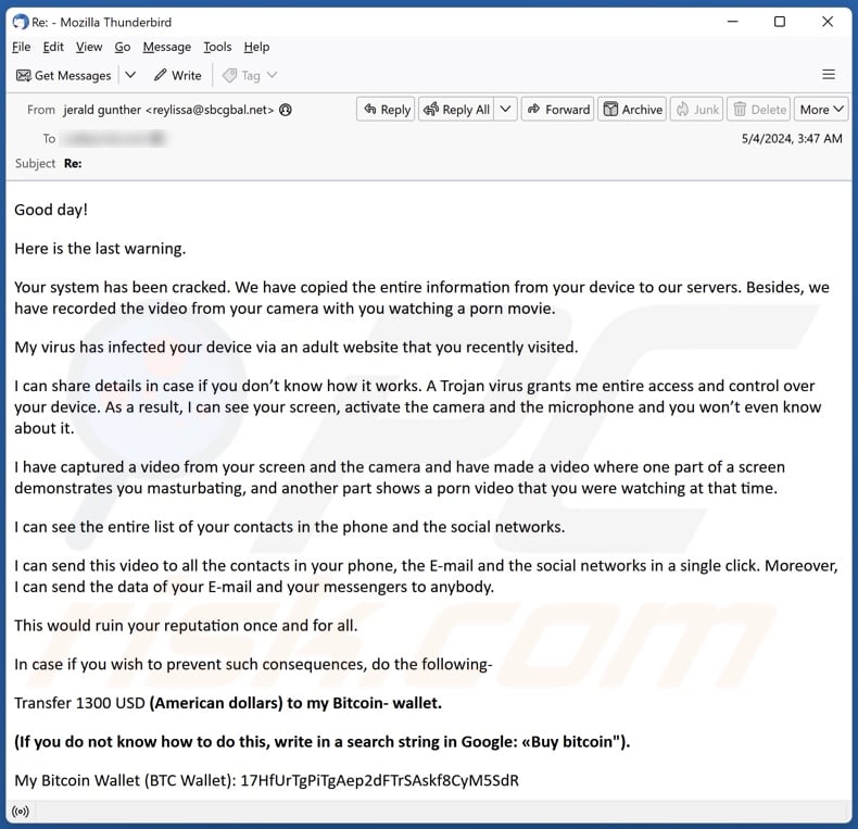 Your System Has Been Cracked email spam campaign
