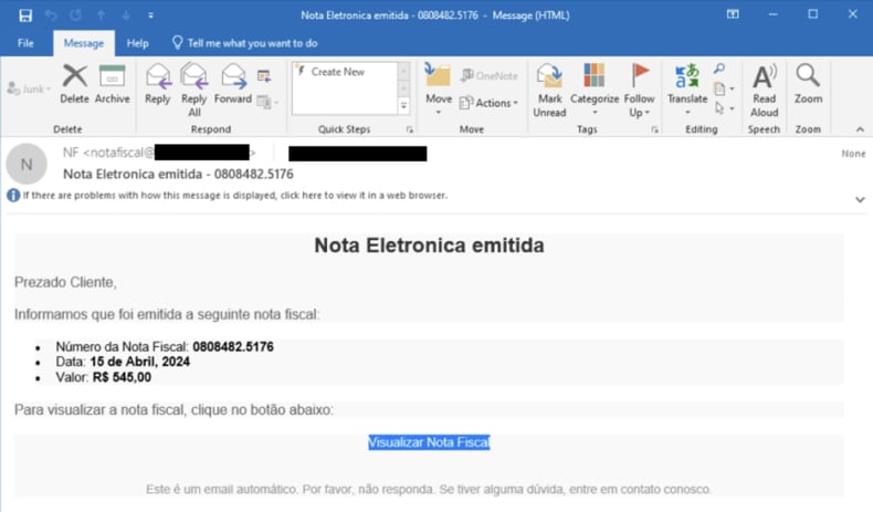 Malicious attachment containing a link to a fake web page hosting CarnavalHeist (source: Talos Intelligence):