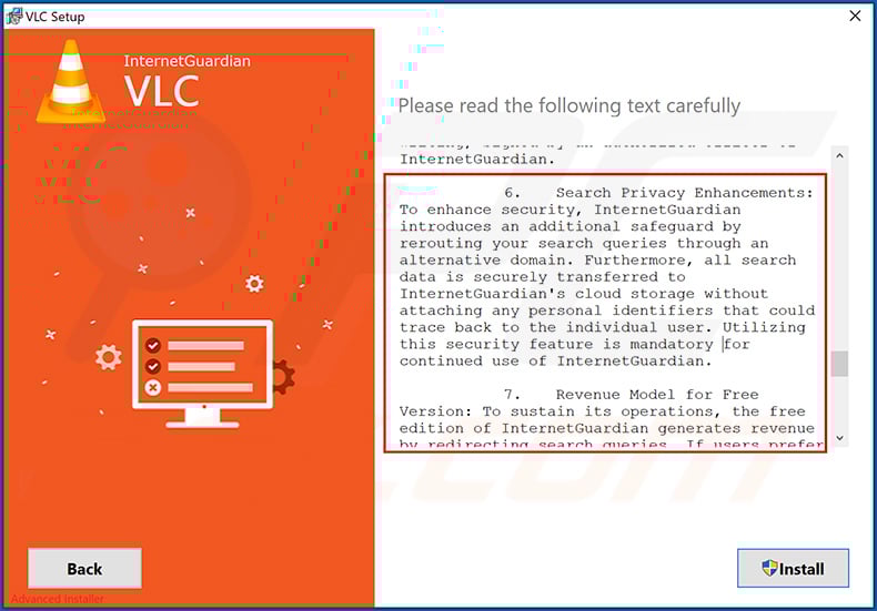 Deceptive VLC Media Player installer spreading InternetGuardian unwanted application (sample 2)