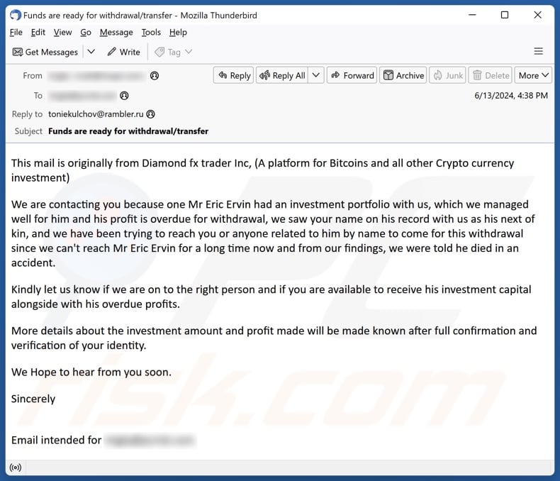 Investment Portfolio Withdrawal email spam campaign