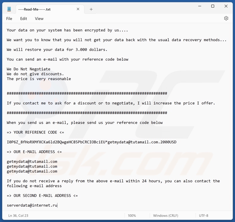 2000USD ransomware ransom note (----Read-Me-----.txt)