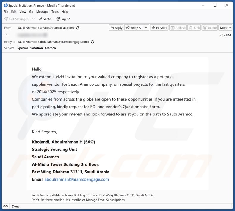 Saudi Aramco scam email version 2