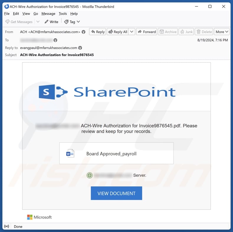 SharePoint - ACH-Wire Authorization email spam campaign