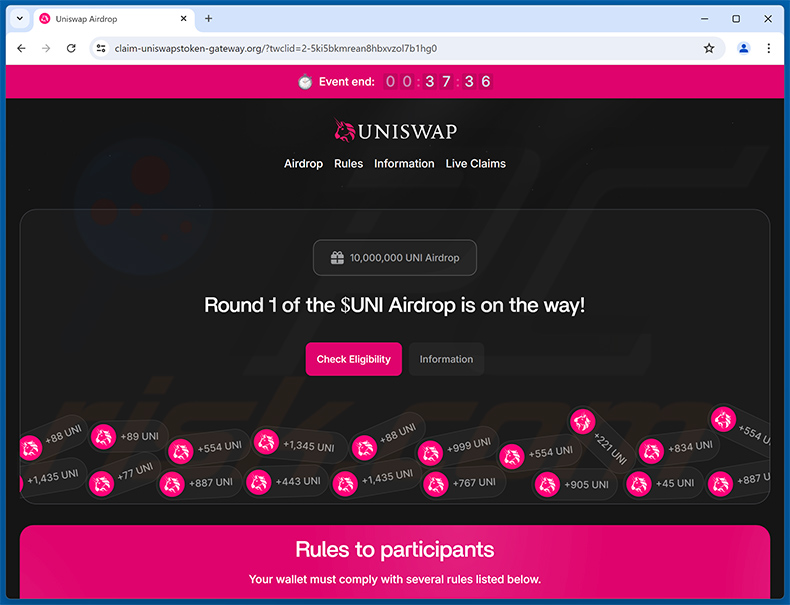 Uniswap (UNI) giveaway-themed drainer website (claim-uniswapstoken-gateway[.]org)