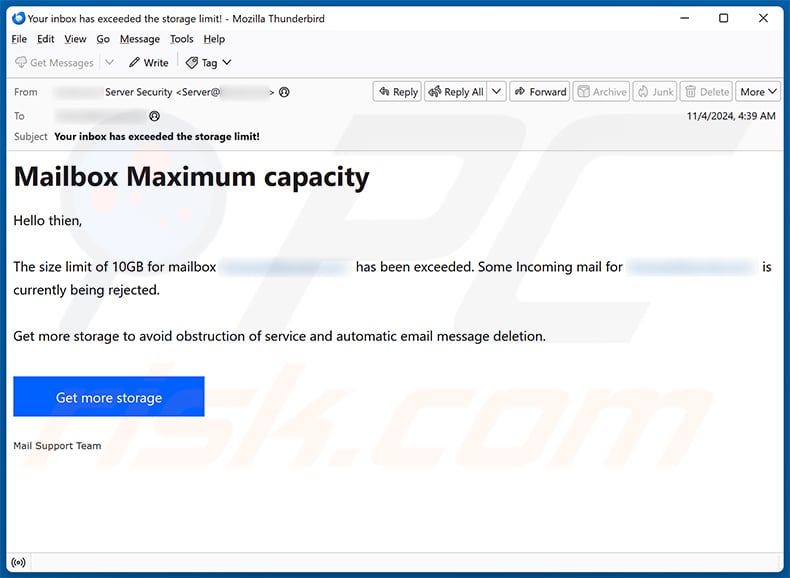 Maximum Mailbox Capacity email scam (2024-11-07)