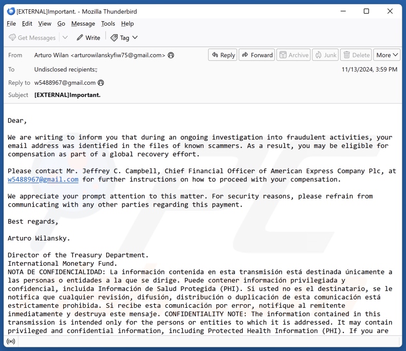 Global Recovery Effort email spam campaign