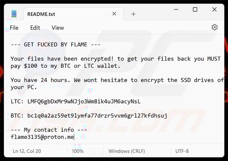 Flame ransomware note (README.txt)