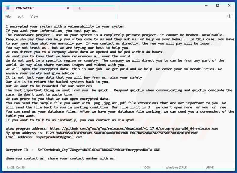 Variant of Mimic ransomware's note (CONTACT.txt)