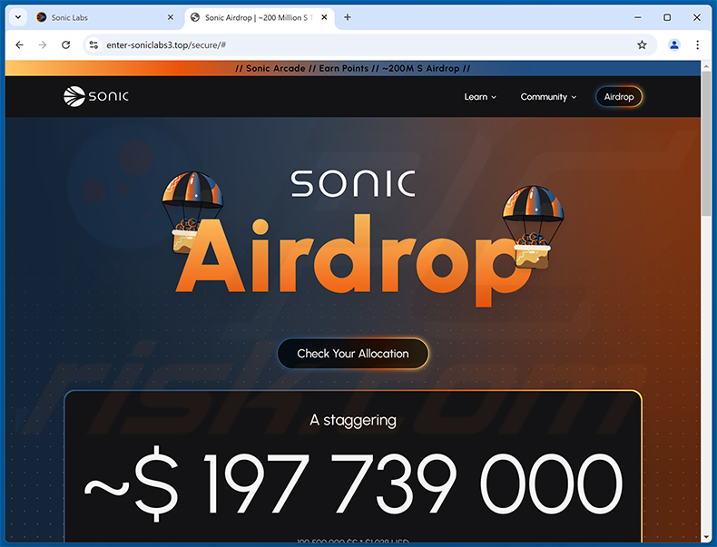 SONIC airdrop-themed website (enter-soniclabs3[.]top)