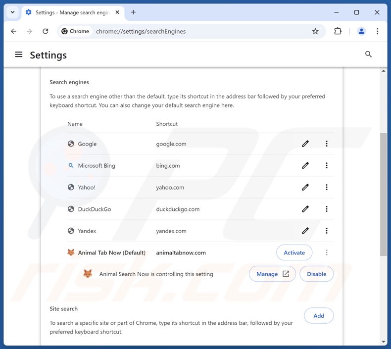 Removing animaltabnow.com from Google Chrome default search engine