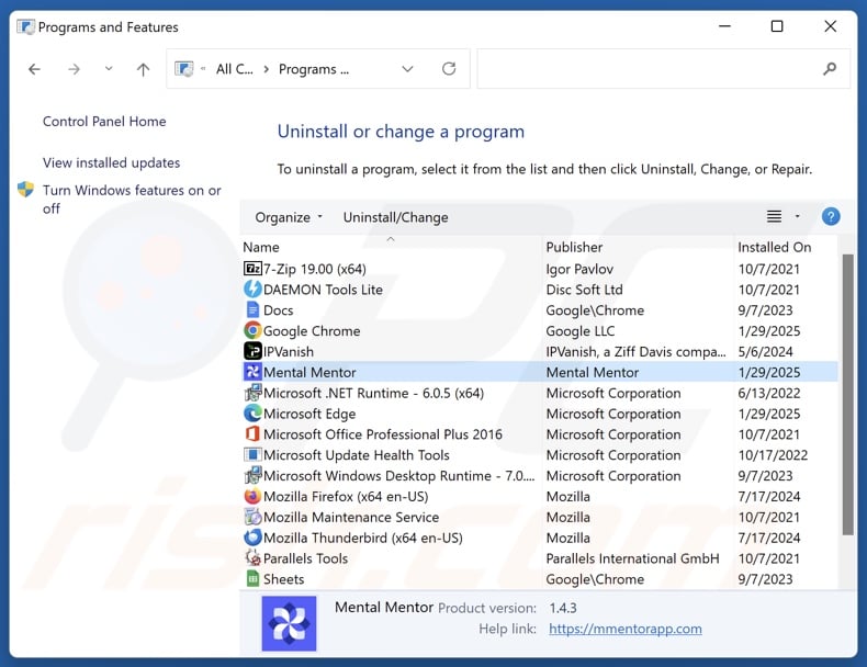 Mental Mentor uninstall via Control Panel