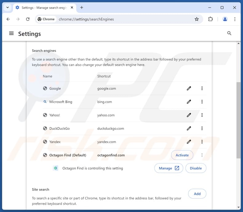 Removing octagonfind.com from Google Chrome default search engine