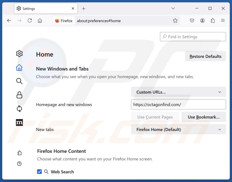 Removing octagonfind.com from Mozilla Firefox homepage
