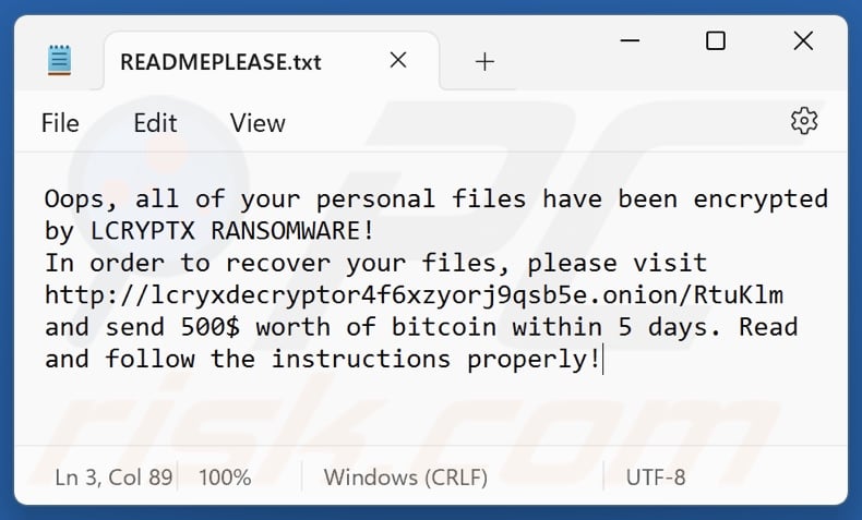 LCRYPTX ransomware ransom note (READMEPLEASE.txt)