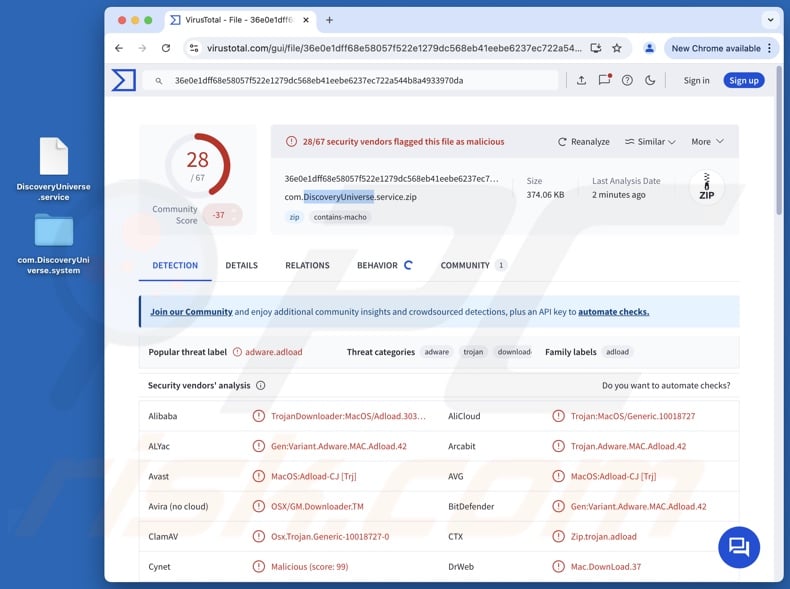 DiscoveryUniverse adware detections on VirusTotal