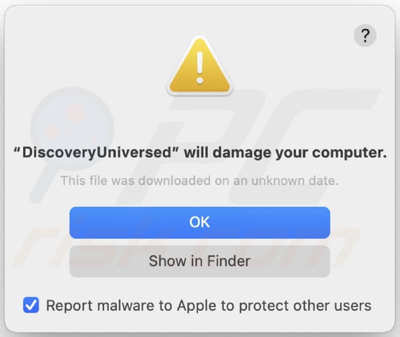 Pop-up displayed when DiscoveryUniverse adware is detected on the system