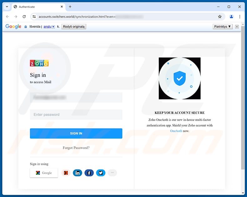 Phishing site promoted via Your E-mail account was signed in from a new device scam