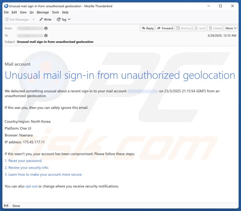 Sign-in From Unauthorized Geolocation email spam campaign