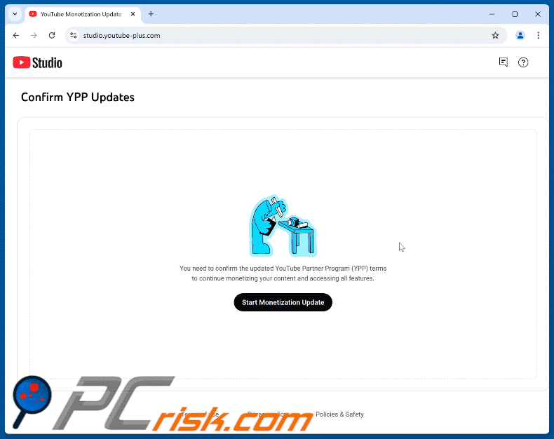 Appearance of YouTube Partner Program Monetization Update scam (GIF)