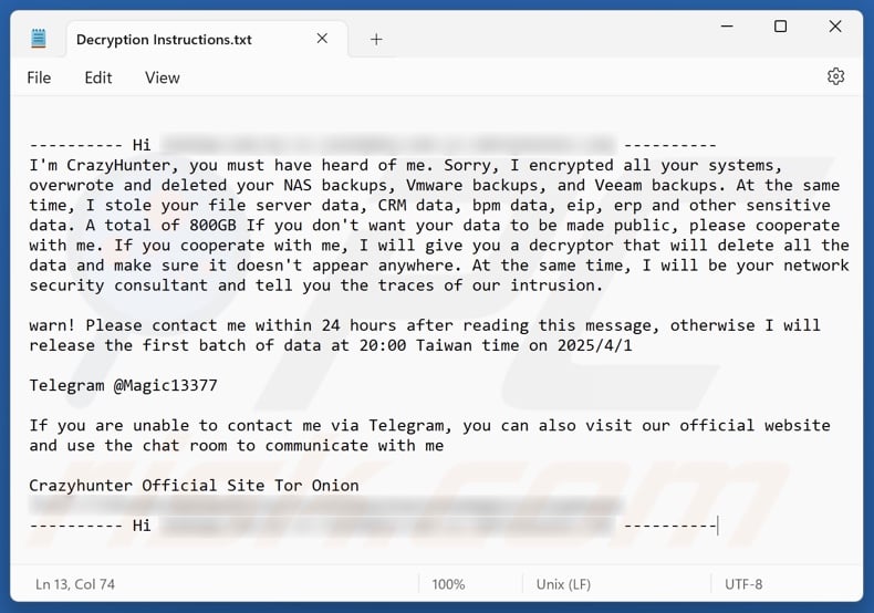 CrazyHunter ransomware ransom note (Decryption Instructions.txt)