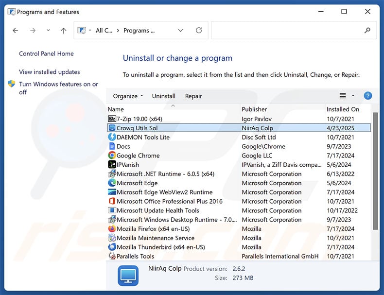 Crowq Utils Sol uninstall via Control Panel
