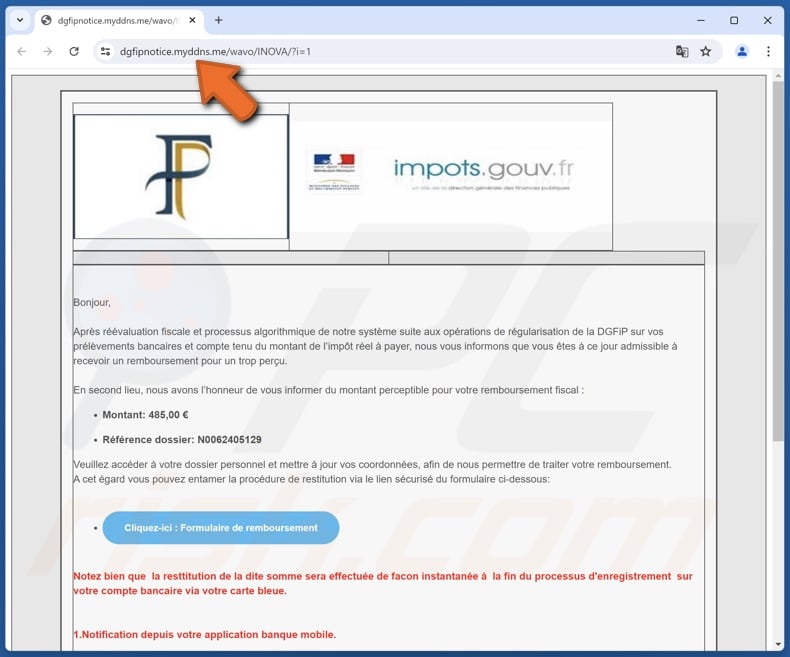 Direction Générale Des Finances Publiques scam email promoted fake impots.gouv.fr site