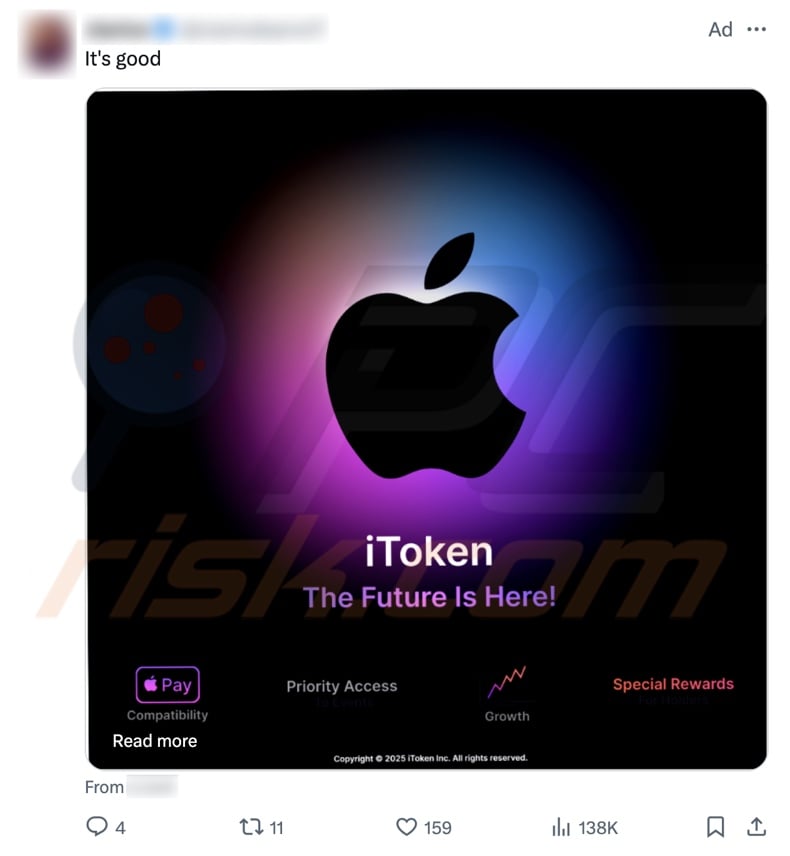 iToken Presale scam promoting X post (tweet)