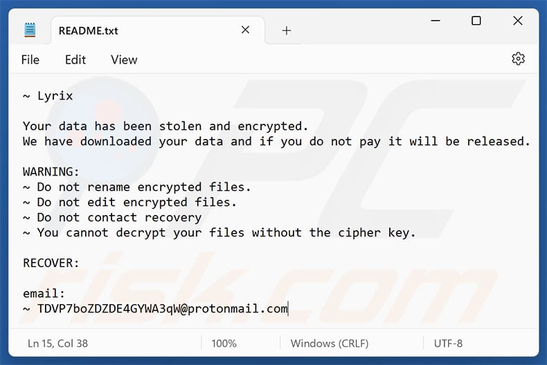 Another variant of Lyrix ransomware ransom note (README.txt)