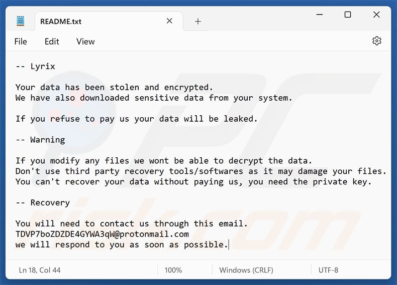 Lyrix ransomware ransom note (README.txt)