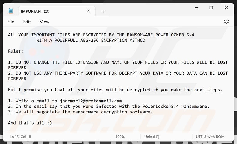 PowerLocker ransomware ransom note (IMPORTANT.txt)