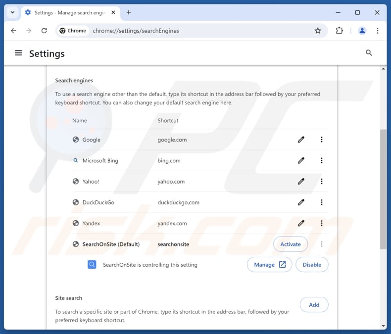 Removing searchonsite.com from Google Chrome default search engine