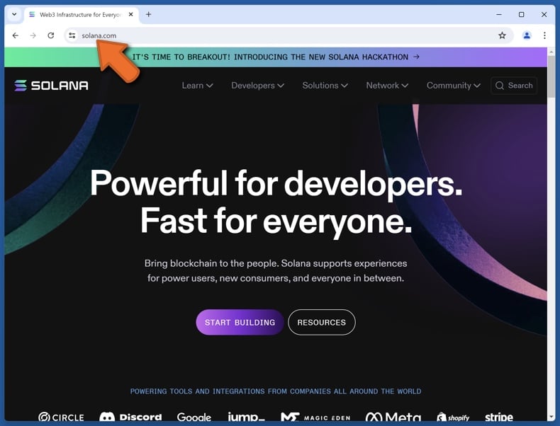 Appearance of the real Solana website (solana.com)