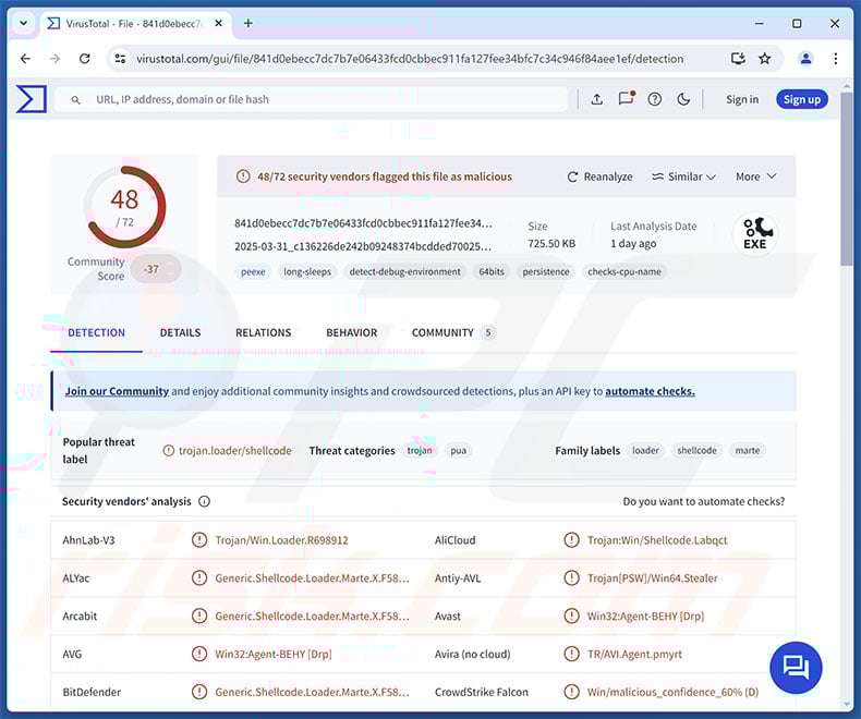 Stealc_v2 malware detections on VirusTotal