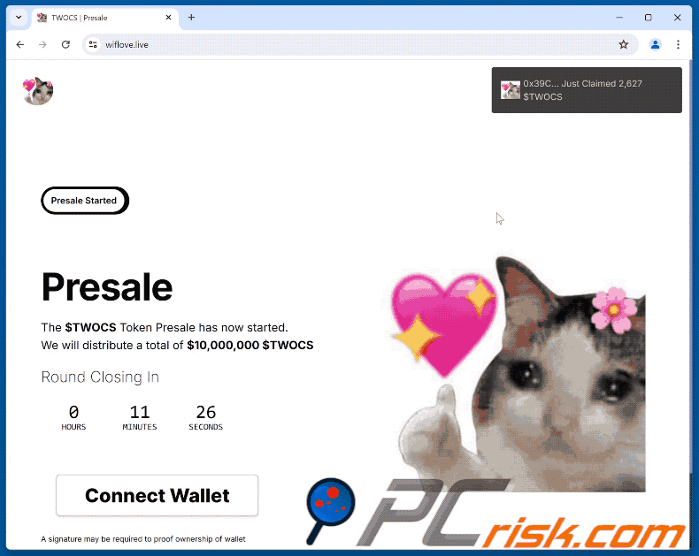 Appearance of $TWOCS Token Presale scam (GIF)