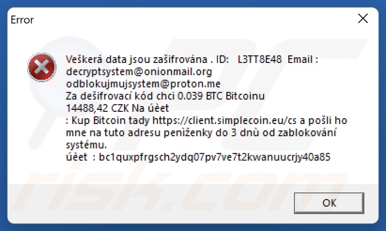 ZasifrovanoXTT2 ransomware ransom note (pop-up)