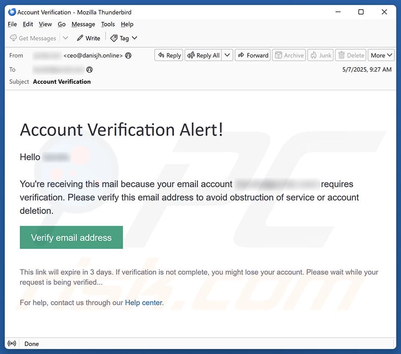 Account Verification Alert email spam campaign
