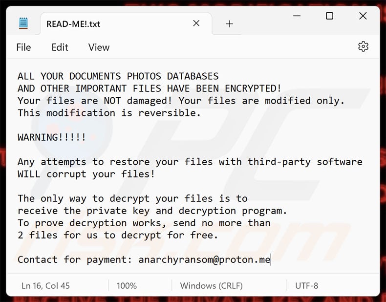 AnarchyRansom ransomware ransom note (READ-ME!.txt)