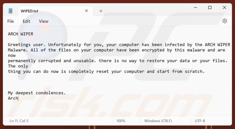 ARCH WIPER ransomware text file (WIPED.txt)