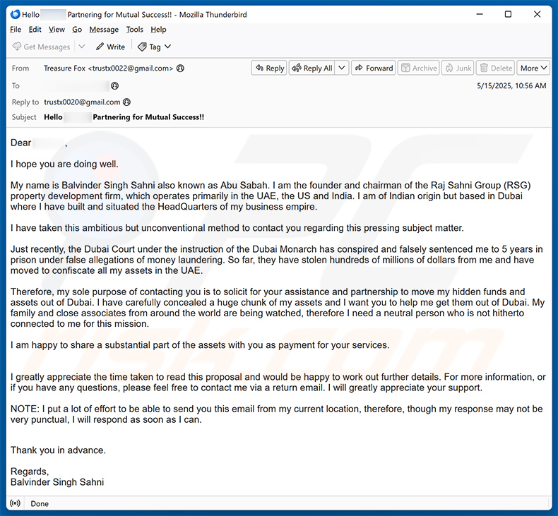 Assistance To Move Funds email scam (2025-05-19)