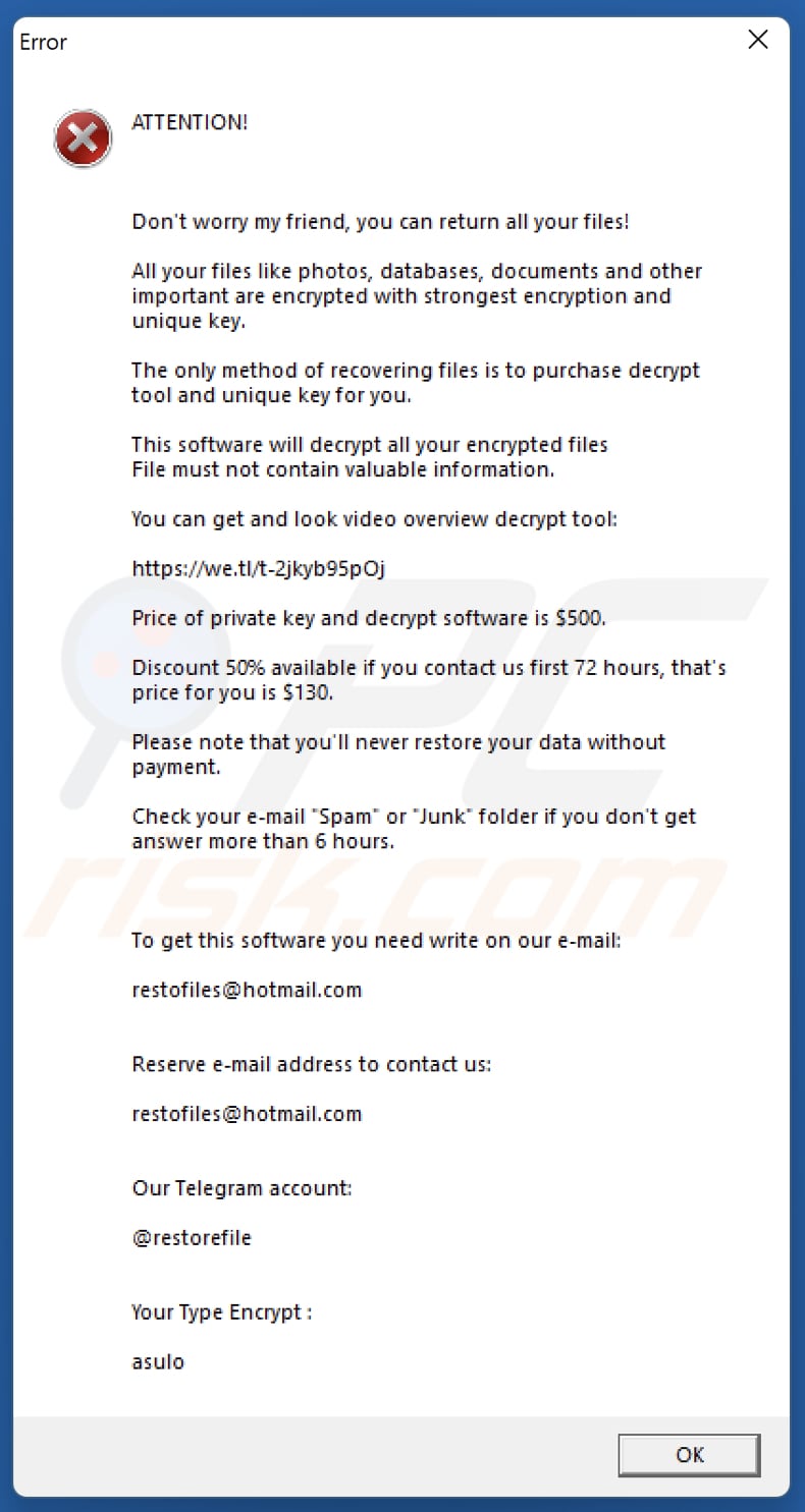 Asulo ransomware pop-up