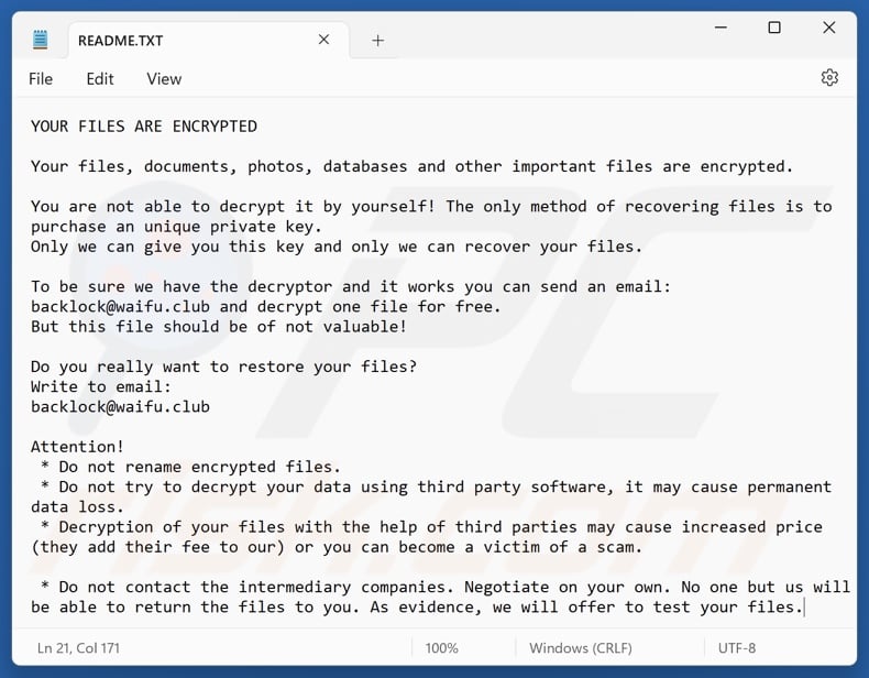 BackLock ransomware ransom note (README.TXT)