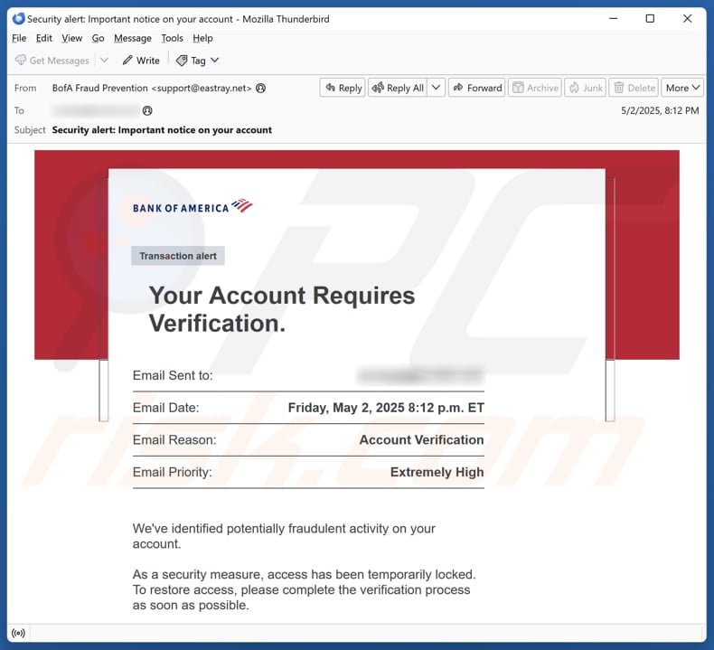 Bank Of America - Account Verification email spam campaign