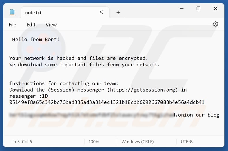 Bert ransomware text file (.note.txt)