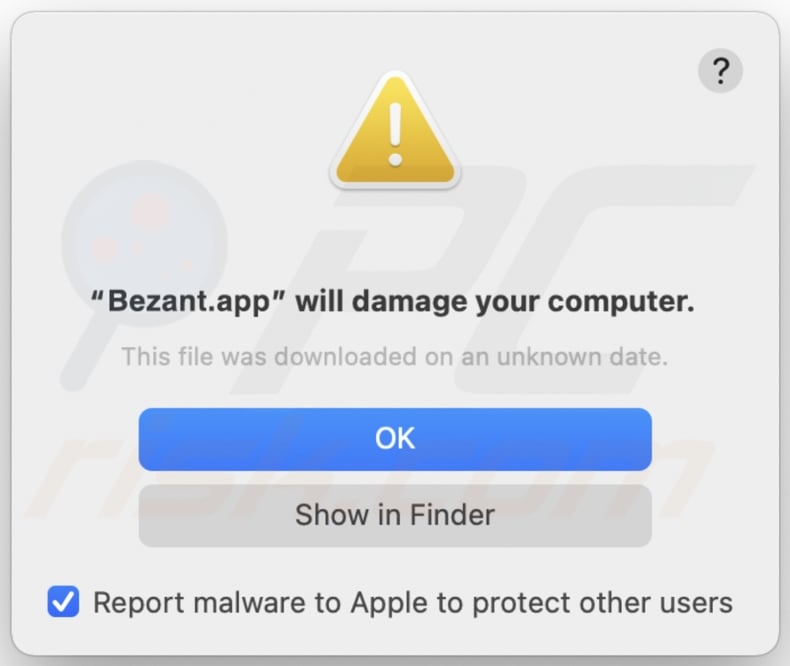 Pop-up displayed when Bezant.app adware is detected on the system