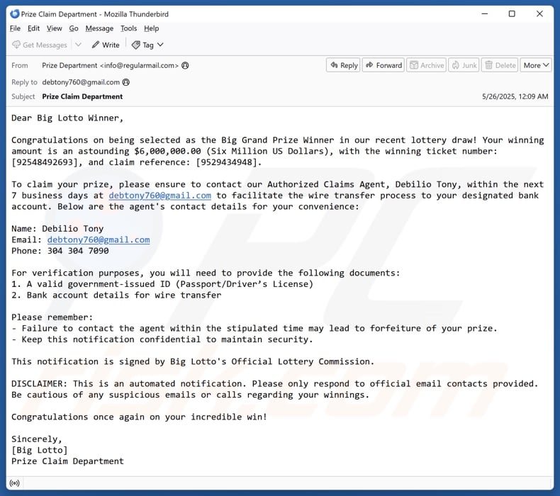 Big Lotto email spam campaign