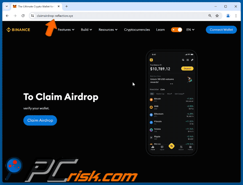 Appearance of Binance Airdrop scam (GIF)