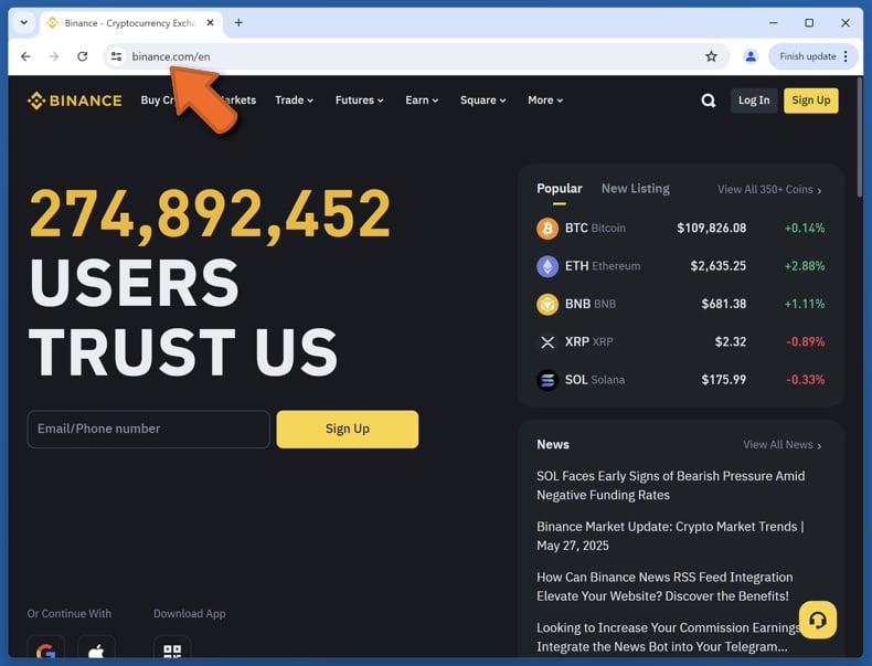Appearance of the real Binance website (binance.com)