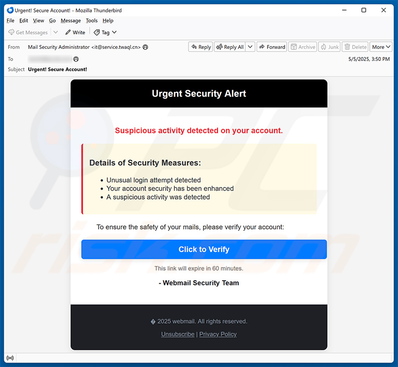 Binance - Urgent Security Alert email scam (2025-05-06)